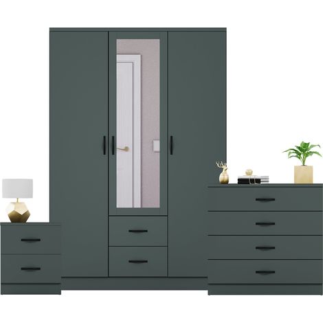 Riano 3 Piece Bedroom Set (2 Drw Bedside Chest, 5 Drw Chest, 3 Dr 2 Drw Mirrored Wardrobe), Green (1/3)