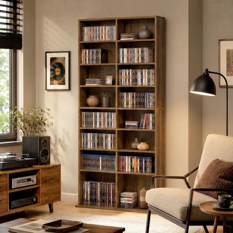 Rangement CD DVD 18 Compartiments, Multimédia, 78,5x24x175 cm, Noyer Foncé (1/5)