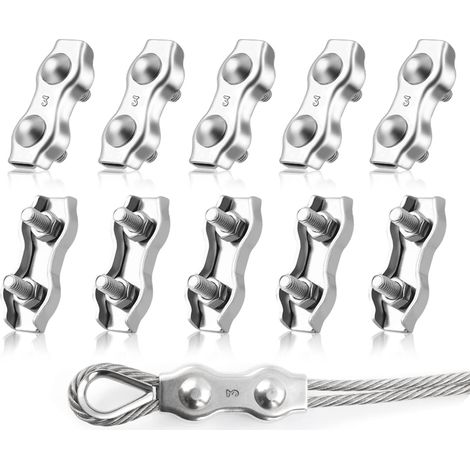 M3 Duplex Clips Serre-Câbles, 10 Pièces Pinces De Câble Métallique Duplex En Acier Inoxydable 304, Câble à Pince 3mm pour Cordes à Linge en Câble Métallique, Voiles de Soleil
