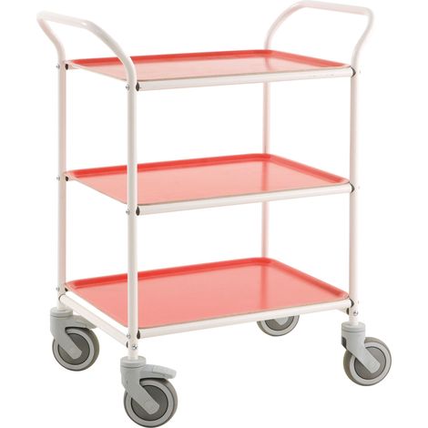 Kongamek Tablettwagen 770x495x960mm weiß pulverbeschichtet mit Bremse und 3 Tabletts in rot (1/2)