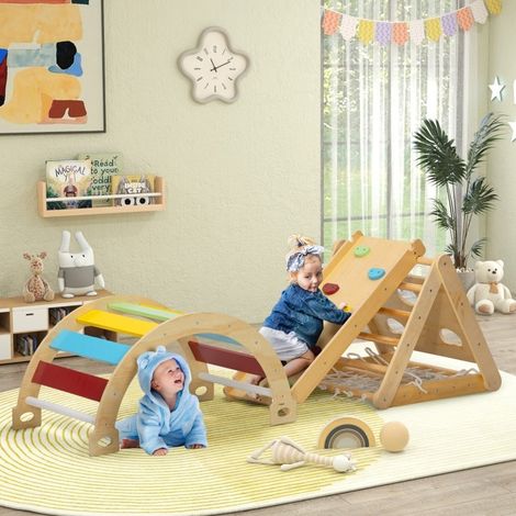 Struttura da arrampicata indoor 96x55x21 cm, set 7 in 1 con scivolo e altalena, modulare, legno multicolore (1/5)