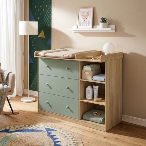 Commode à langer Beldinupp 93 x 110 x 55 cm effet chêne vert [en.casa] (1/5)