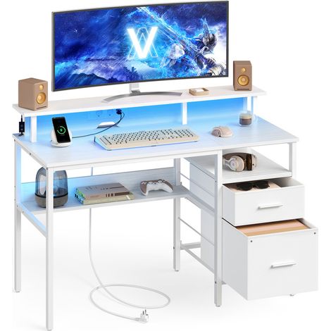 Vasagle – Bureau gamer avec éclairage LED – 2 prises électriques et 2 ports USB – Support moniteur – Rangement avec 2 tiroirs – 55 x 120 x 90 cm – Blanc érable