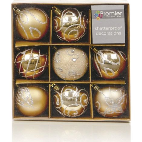 Shatterproof Mixed 9 Pack of Christmas Baubles - Champagne Gold - Various Designs