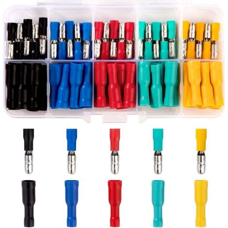 Cosses électriques isolées 100 pièces – Connecteurs à sertir en cuivre et PVC – Plage de fils AWG 22-16 – Pour automobile et marine (1/5)