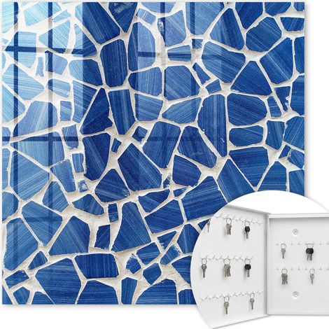 Armoire à clés - (30 cm x 30 cm) - Boîte à clés murale - Coffret de rangement pour clés - Couleur blanche - Ouverture vers la gauche - Pour maison et bureau - Mosaïque bleue (1/5)
