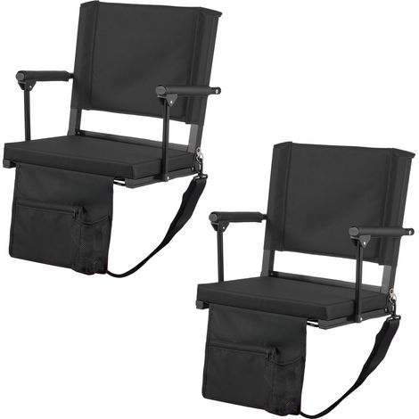 Siège de gradin pliable avec accoudoirs, dossier et coussin épais, chaise de tribune avec sangle d’épaule, crochets, porte-gobelet, noir pour match de football, lot de 2 (1/5)