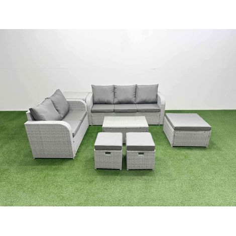Fimous 8 Seater PE Rattan Wicker Garden Furniture Patio Conservatory Sofa Set with Rectangular Coffee Table 3 Seater Sofa Love Sofa 3 Stool Side Table (1/4)