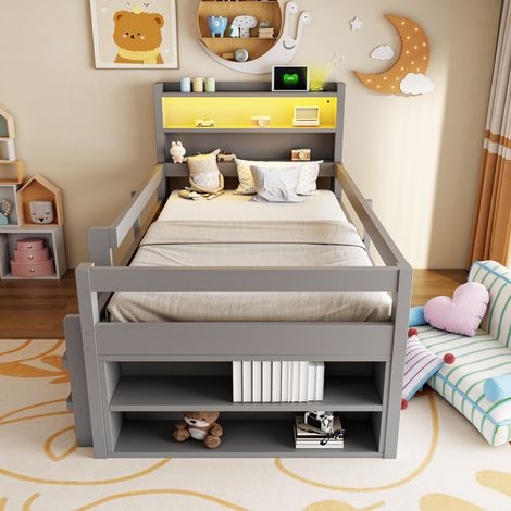 Lit en bois 90 x 200 cm, avec étagères, compartiments de rangement et penderie à portes coulissantes, équipé d'un éclairage LED et de ports de chargement USB, lit enfant, lit simple, lit multifonction (1/4)