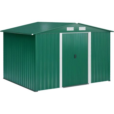 Abri de jardin métallique vert, 258 x 206 x 178 cm, 5,3 m², avec portes coulissantes et ventilation, idéal pour le rangement d'outils. (1/5)