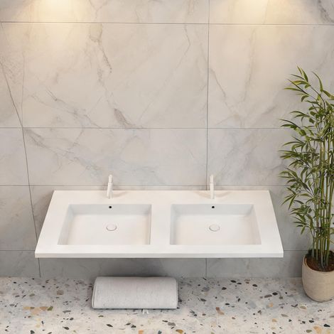 160 cm vasque double avec plan en résine blanche coloris blanc (1/5)