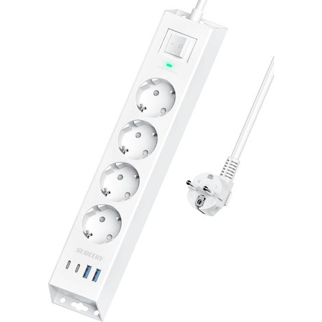 Multiprise 4 prises avec USB C, 8 en 1, montage mural avec interrupteur et câble de 2 m, multiprise avec parasurtenseur pour bureau, cuisine (blanc) (1/5)