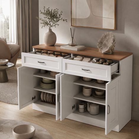 Credenza 120 x 35 x 80,5 cm, 4 ante, 2 cassetti, bianco ed effetto legno DESVIAE (1/5)