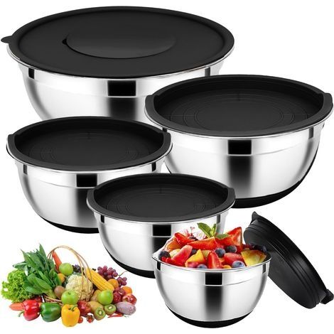 Lot de 5 saladiers en acier inoxydable avec couvercle hermétique - 4,5 l / 2,7 l / 1,5 l / 1,2 l / 0,7 l - Antidérapant et empilable - Pour la cuisine (1/5)