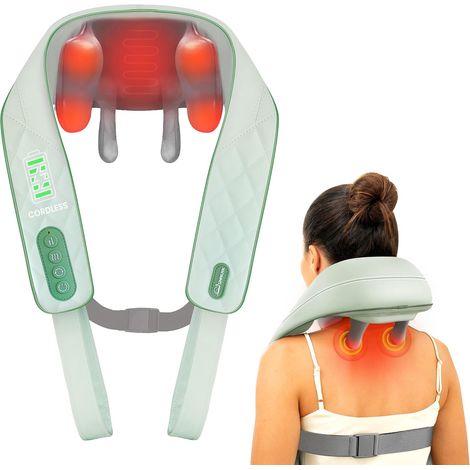 Masseur de nuque sans fil 4D avec chaleur, masseur de nuque shiatsu avec massage par pétrissage, masseur électrique pour nuque épaule jambe dos, cadeaux, Vert (1/5)