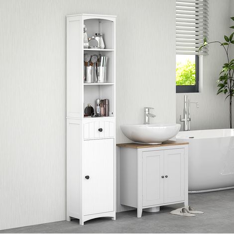 Armoire de salle de bain 34x24x170.5 cm blanche en bois avec étagères, tiroir et rangement compact (1/5)
