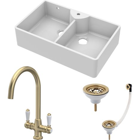 Fireclay 895mm Double Bowl Butler Kitchen Sink Bundle - 1 Tap Hole, Wastes & Mono Tap - Brushed Brass (1/5)