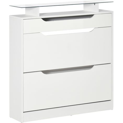 Armoire à Chaussures avec 2 Tiroirs Rabattables + 1 Tiroir Coulissant + 1 Comptoir et 1 Plateau en Verre blanc (1/5)