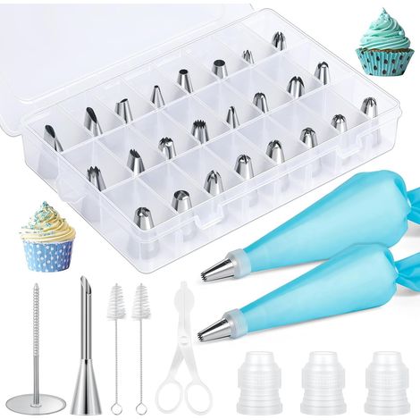 34 poches à douille, 24 douilles en inox, 2 poches à douille en silicone réutilisables, pour gâteaux, cupcakes, biscuits, pâtisseries (1/5)