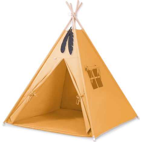 Tente tipi pour enfant + tapis + pendentifs en plumes - moutarde (1/5)