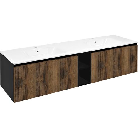 Meuble vasque LOREA 180x46x51,5cm (80+20+80cm), chêne collingwood/noir mat (1/3)