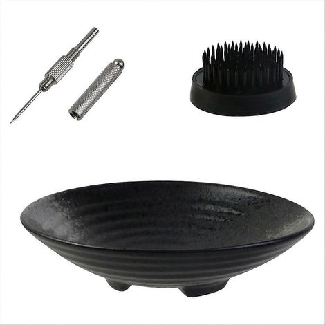 Schwarzes Ikebana-Tablett aus Keramik, komplettes Set mit Kenzan-Blumenhalter aus Metall, ideal für japanische Blumenarrangements, inklusive Schale und Ständer. (1/5)