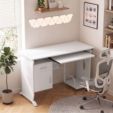 Bureau d'ordinateur, 100 x 52 x 75 cm, tablette coulissante pour clavier, tiroirs et support d'unité centrale, blanc (1/5)