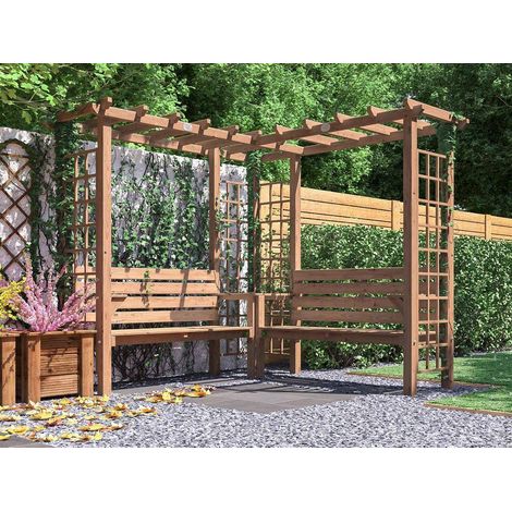 Dunster House Wooden Pergola Garden Arch With Corner Bench, Trellis, Seating with Armrests and Mini Corner Table Gerlinde