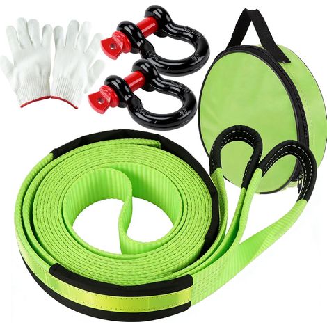 Corde de remorquage 5 m x 5 cm, sangle de remorquage tout-terrain de 10 tonnes avec 2 manilles renforcées, sac de rangement et gants, corde de remorquage robuste pour berline, SUV, véhicule (1/5)