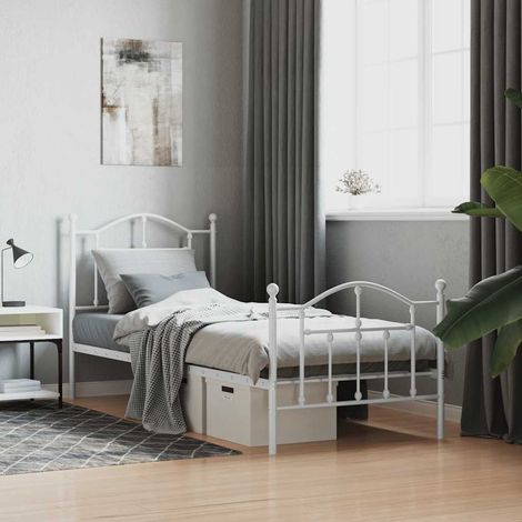 Cadre de lit métal sans matelas avec pied de lit blanc 90x200cm (1/5)