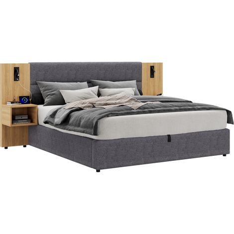 CHICFURN Cama canapé 160x200 de terciopelo gris/natural con luz, USB y 2 mesitas (1/5)