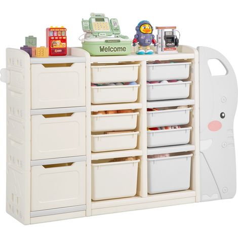 Meuble de rangement jouets enfant à 4 niveaux en forme d'éléphant, étagère organisateur de jouets avec 10 bacs amovibles en plastique, pour salle de jeux, salle de classe, crèche, gris et beige (1/5)