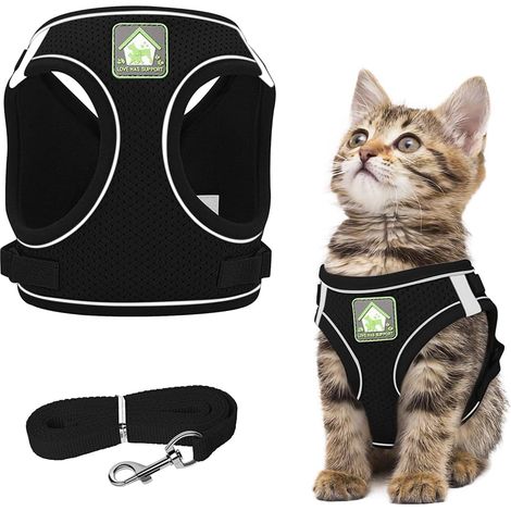 Ensemble Harnais et Laisse pour Chat pour la Marche et l'évasion avec Laisse, Bandes réfléchissantes réglables, Confortable et Anti-étouffement, Compatible avec Les Moyen Chats(M，Noir)