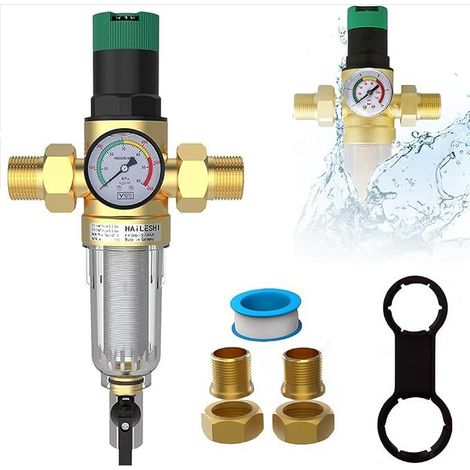 Filtre auto-nettoyant avec réducteur de pression et jauge de pression 3/4" réglable pression réutilisable de l'eau Installation facile pour les chaudières solaires Osmoser Robinet (1/5)
