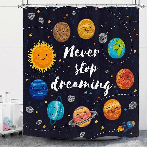 Rideau de douche mignon motif planète dessin animé 183 x 183 cm (72 x 72 pouces) pour enfants, étoiles, espace, galaxie, système solaire, lune, comètes, décoration en tissu, lot de 12. (1/4)
