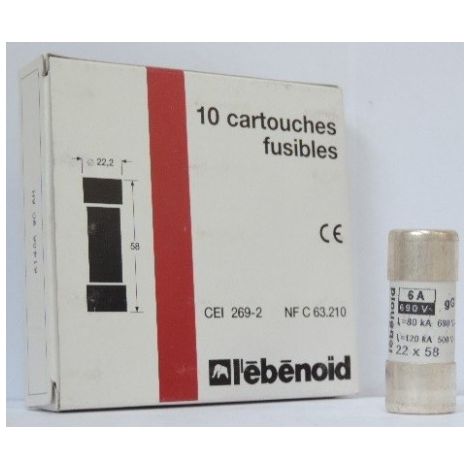 Fusible 6A cartouche 22X58mm gG usage industriel (boite de 10) HPC 120kA 660V sans voyant EBENOID 061406 (1/2)