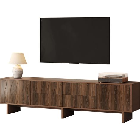 1804056 cm – Meuble pour téléviseur. Il comprend 4 tiroirs et 2 portes de meuble. Design en forme de vague. Idéal pour des téléviseurs jusqu’à 75 pouces. Bois de noyer foncé. (1/5)