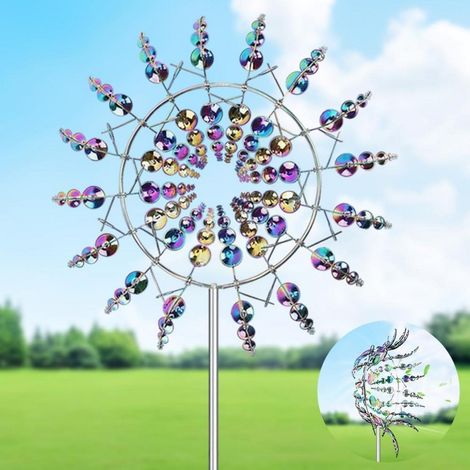 3D Windrad Edelstahl mit Gartenpfahl, 360° Dual Rotors, Bunt