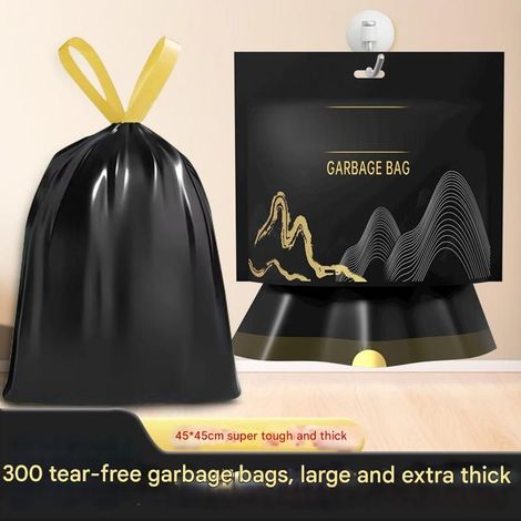 Sacs poubelles noirs à cordon, sacs poubelles portables, épais et robustes, pour bureau et chambre (6rouleaux + 1sac ziplock + 1crochet collant) (1/5)