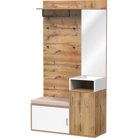 ELVMI Mobile da ingresso con specchio, panca, 2 vani portascarpe, 4 ganci e barra appendiabiti, in MDF e pannello truciolare, 105 × 40 × 190.5 cm, Bianco e legno (1/5)