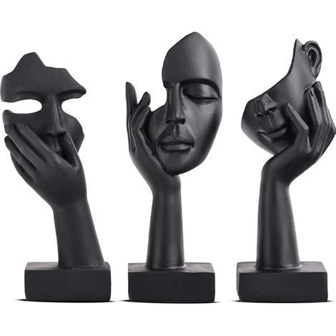 Lot de 3 Statues Noires pour décoration d'intérieur - Visage de Femme - Statue de Collection pour la Maison Moderne