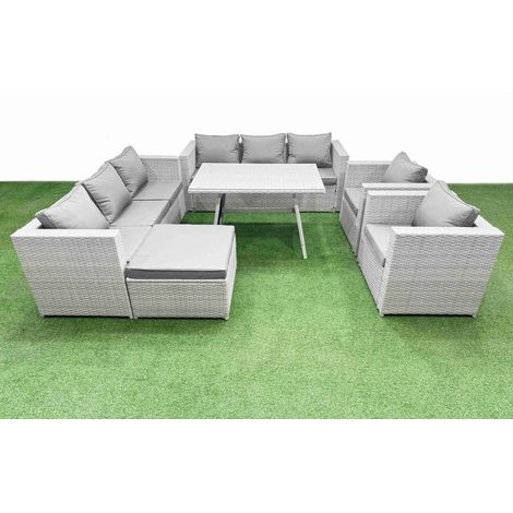 Fimous 9 Seater Garden Furniture Set PE Ratten Garden Sofa Set with Rectangular Dining Table Big Stool Light Grey (1/4)