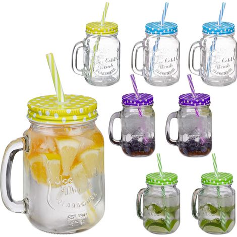 Jarre avec paille et couvercle, en lot de 8, volume : 400 ml, design rétro, verre doté d'une anse, multicolore (1/5)