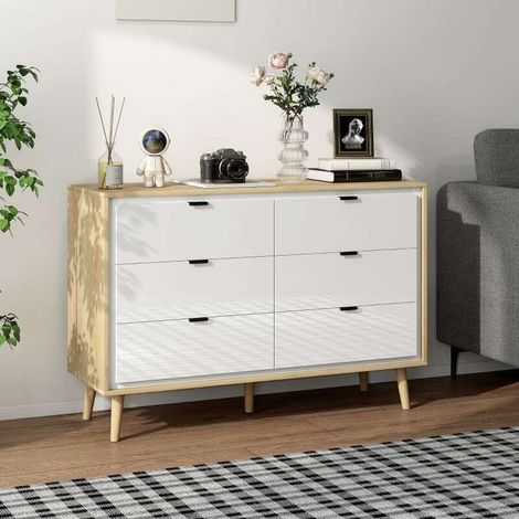 Commode 6 tiroirs, meuble de rangement à haute brillance, 5 pieds en bois, 110 x 40 x 75 cm, blanc et chêne (1/5)