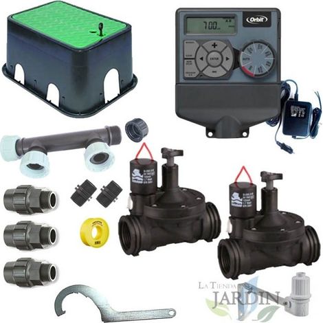 Kit di irrigazione automatico Orbit a 2 zone, 24 V, per tubi da 32 mm  Include programmatore, elettrovalvole e accessori