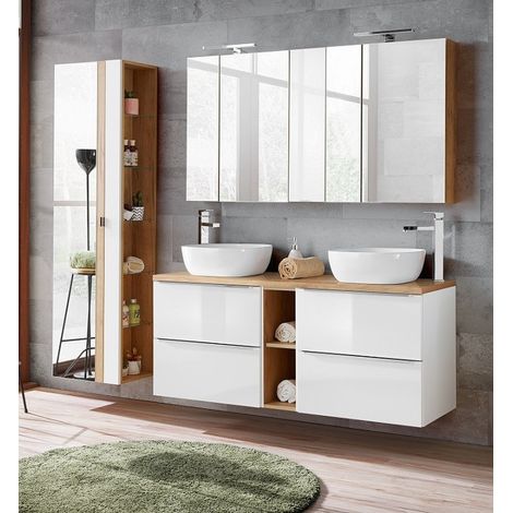 Ensemble meuble vasques à poser + Armoire miroir + Grande armoire - 140 cm - Elise White - Livraison gratuite