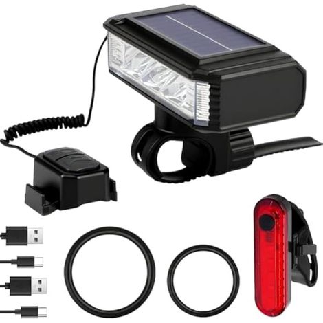 Superhelle Fahrradbeleuchtung, wasserdichte LED-Vorder- und Rücklichter, USB-C- und Solarladung, 5+4 Beleuchtungsmodi, für Mountainbikes und Rennräder. (1/5)