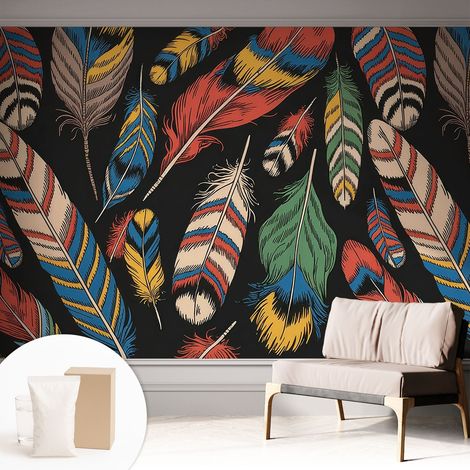 Papier peint intissé mural classique avec imprimé motifs décoratifs design élégant non‑tissé Plumes colorées 312x219 cm (1/5)