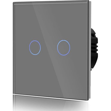 Interrupteur Tactile 2 Gang 2 Voie Commutateur d'éclairage Mural Compatible avec la lumière LED Écran Tactile en Verre Plaque de Cristal Trempé avec Rétroéclairage Bouton 86 86mm Gris (1/5)