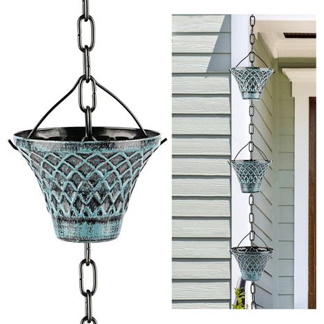 Chaîne de Pluie décorative à Carreaux Bleus en Forme de Parapluie, 2,6 m, décoration de Jardin pour gouttières – 12 Tasses (1/5)